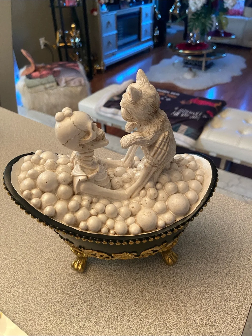 Vintage-Inspired White Skeleton & dog Figurine in bubbles bath